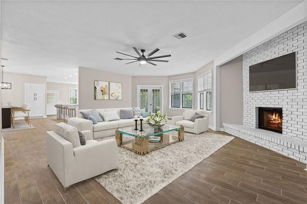 Fireplace, Interior, Living room, Pendant Lights, Recessed Lighting, Stone Walls, Wood Texture Flooring