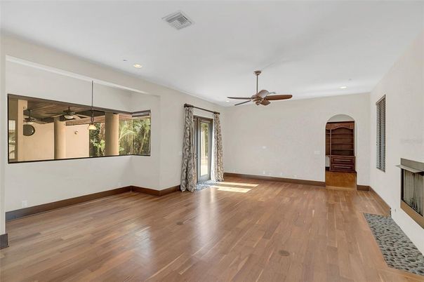 Empty room, Fireplace, Interior, Recessed Lighting, Wood Texture Flooring