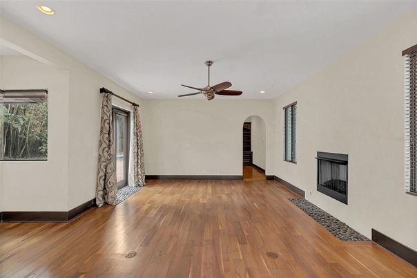Empty room, Fireplace, Interior, Recessed Lighting, Wood Texture Flooring