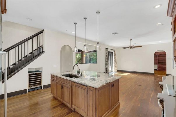 Interior, Kitchen, Pendant Lights, Recessed Lighting, Wood Texture Flooring