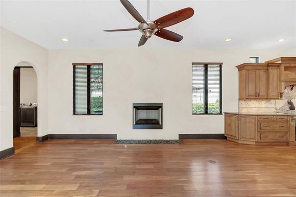 Fireplace, Interior, Kitchen, Recessed Lighting, Wood Texture Flooring