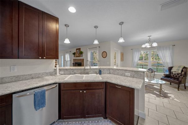 Fireplace, Interior, Kitchen, Pendant Lights, Recessed Lighting