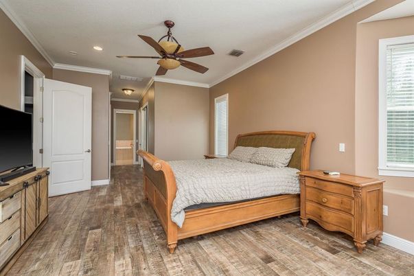 Bedroom, Interior, Recessed Lighting, Wood Texture Flooring