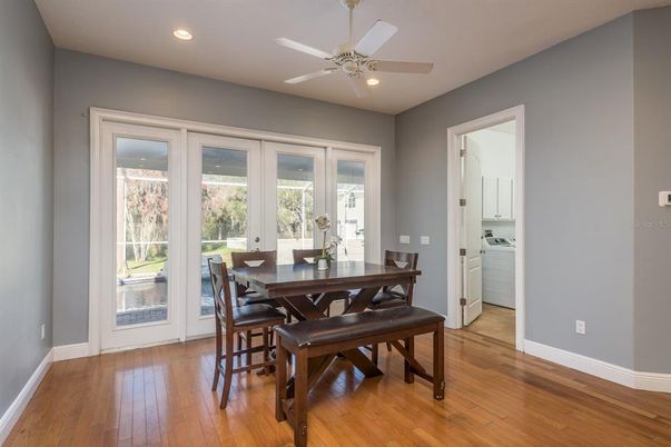 Dining room, Interior, Recessed Lighting, Wood Texture Flooring