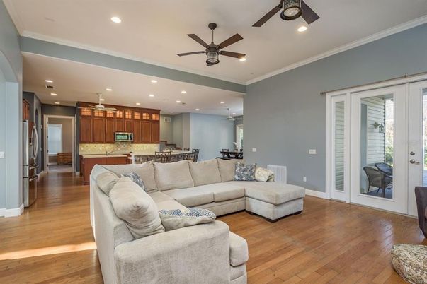Dining room, Interior, Kitchen, Living room, Recessed Lighting, Wood Texture Flooring