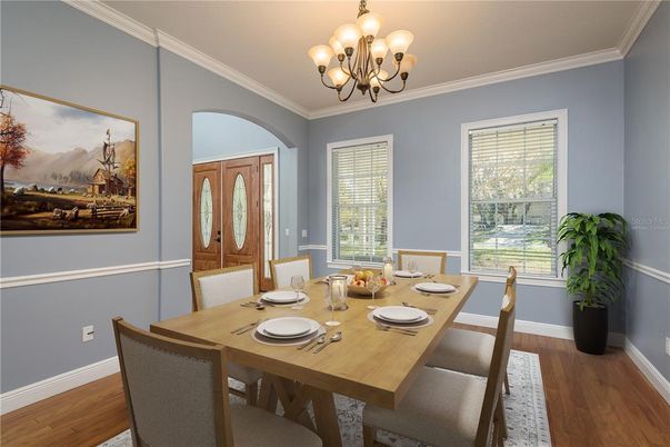 Chandelier, Dining room, Interior, Wood Texture Flooring