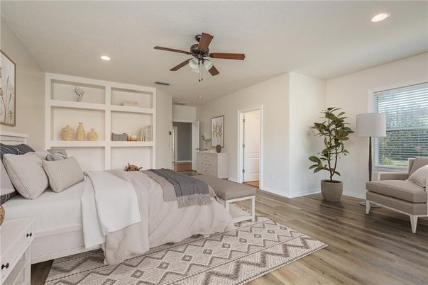 Bedroom, Interior, Recessed Lighting, Wood Texture Flooring