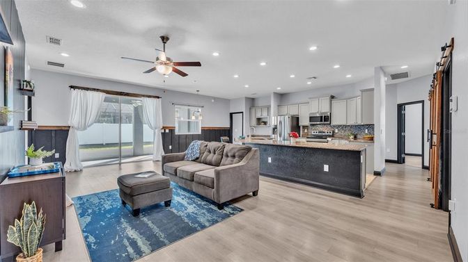 Interior, Kitchen, Living room, Recessed Lighting, Stainless Steel Appliances, Wood Texture Flooring