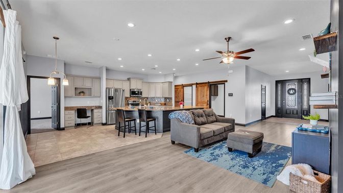 Interior, Kitchen, Living room, Pendant Lights, Recessed Lighting, Stainless Steel Appliances, Wood Texture Flooring