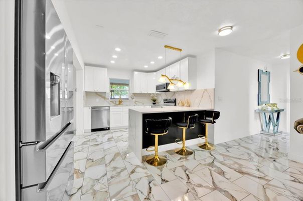Interior, Kitchen, Marble, Recessed Lighting, Stainless Steel Appliances
