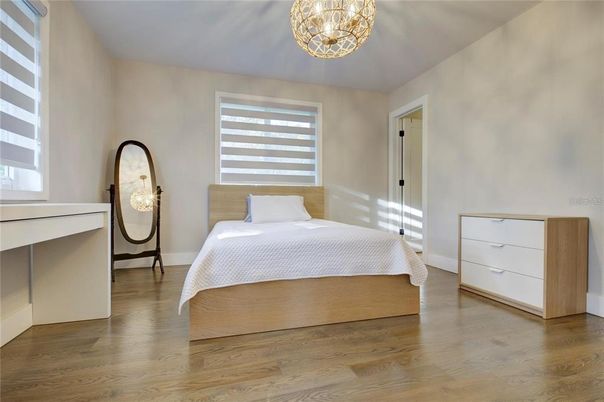 Bedroom, Chandelier, Interior, Wood Texture Flooring