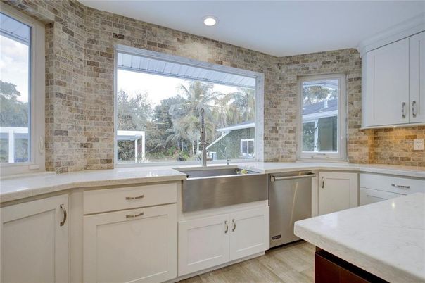 Interior, Kitchen, Recessed Lighting, Stone Walls, Wood Texture Flooring