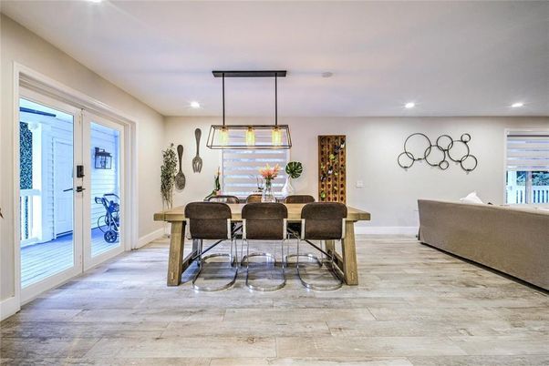 Dining room, Interior, Pendant Lights, Recessed Lighting, Wood Texture Flooring