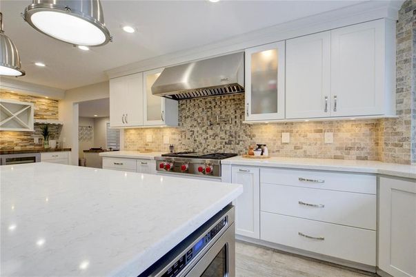 Interior, Kitchen, Recessed Lighting, Stainless Steel Appliances, Stone Walls