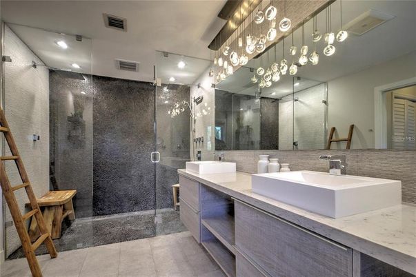Bathroom, Dual Sink Vanities, Glass Shower, Interior, Pendant Lights, Recessed Lighting