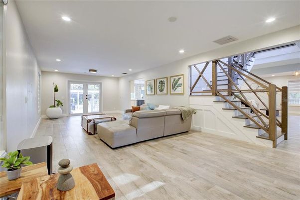 Interior, Living room, Recessed Lighting, Wood Texture Flooring