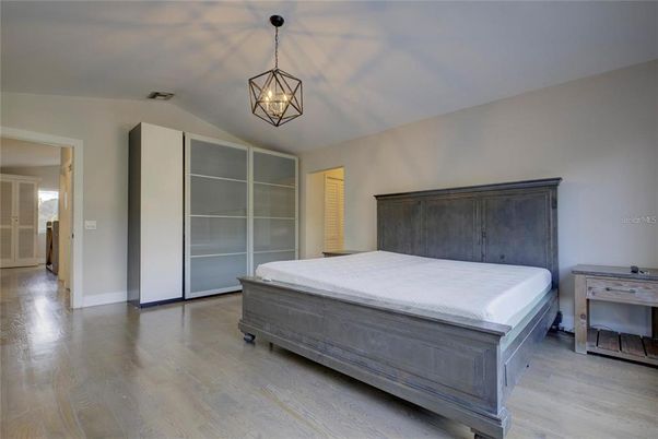 Bedroom, Interior, Pendant Lights, Wood Texture Flooring