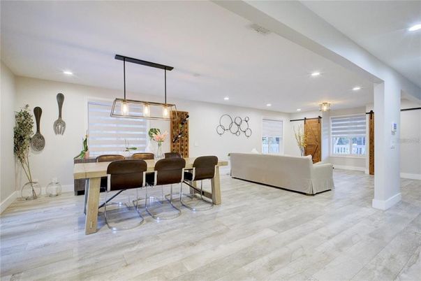 Dining room, Interior, Living room, Pendant Lights, Recessed Lighting, Wood Texture Flooring