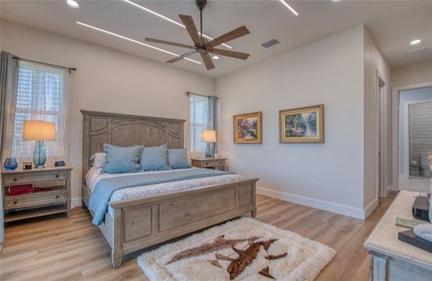 Bedroom, Interior, Recessed Lighting, Wood Texture Flooring