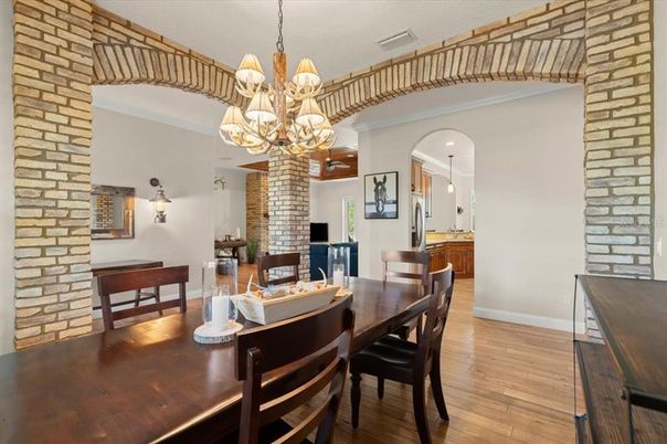 Chandelier, Dining room, Interior, Pendant Lights, Stone Walls, Wood Texture Flooring