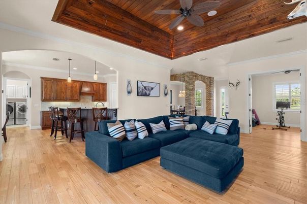 Interior, Kitchen, Living room, Pendant Lights, Recessed Lighting, Stone Walls, Wooden Ceilings, Wood Texture Flooring
