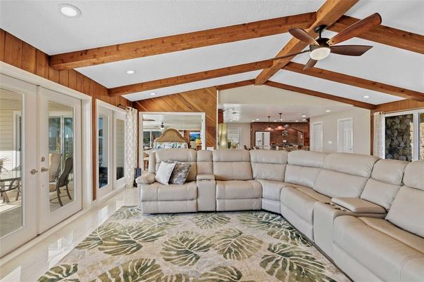 Interior, Living room, Pendant Lights, Recessed Lighting, Wooden Beams