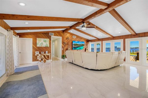 Interior, Living room, Marble, Recessed Lighting, Wooden Beams, Wooden Walls