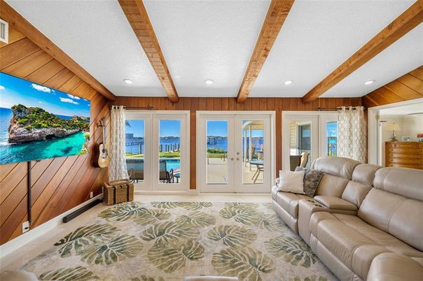 Interior, Living room, Recessed Lighting, Water, Wooden Beams, Wooden Walls