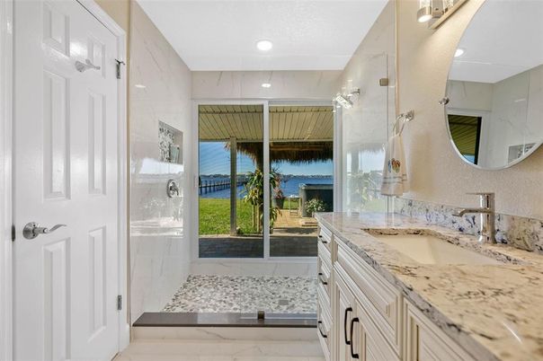 Bathroom, Glass Shower, Interior, Marble Walls, Recessed Lighting, Water