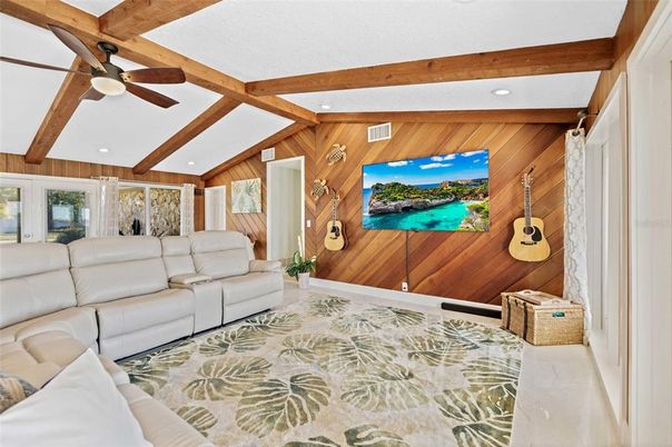 Interior, Living room, Recessed Lighting, Wooden Beams, Wooden Walls