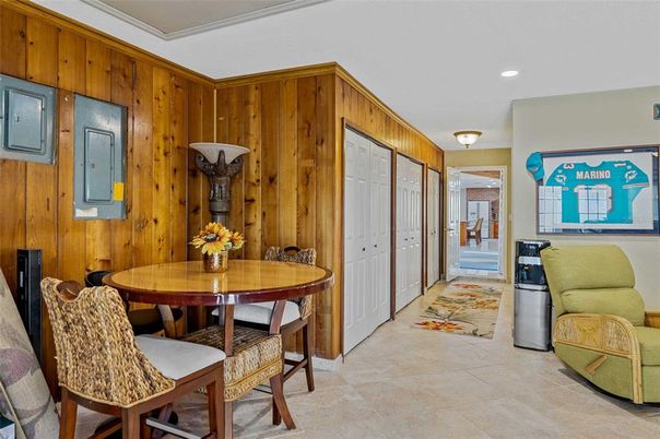 Dining room, Interior, Recessed Lighting, Wooden Walls