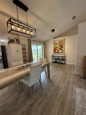 Dining room, Interior, Pendant Lights, Wood Texture Flooring