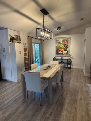 Dining room, Interior, Pendant Lights, Wood Texture Flooring