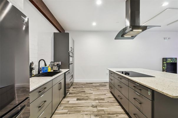 Interior, Kitchen, Recessed Lighting, Stainless Steel Appliances, Wood Texture Flooring