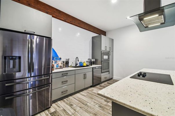 Interior, Kitchen, Recessed Lighting, Stainless Steel Appliances, Wooden Beams, Wood Texture Flooring