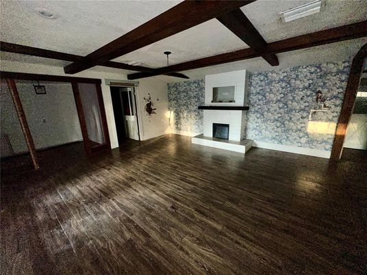 Empty room, Fireplace, Interior, Wooden Beams, Wood Texture Flooring
