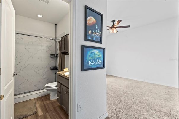 Bathroom, Interior, Marble Walls, Recessed Lighting, Wood Texture Flooring