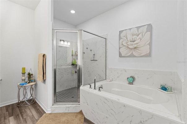 Bathroom, Glass Shower, Interior, Marble Walls, Recessed Lighting, Wood Texture Flooring