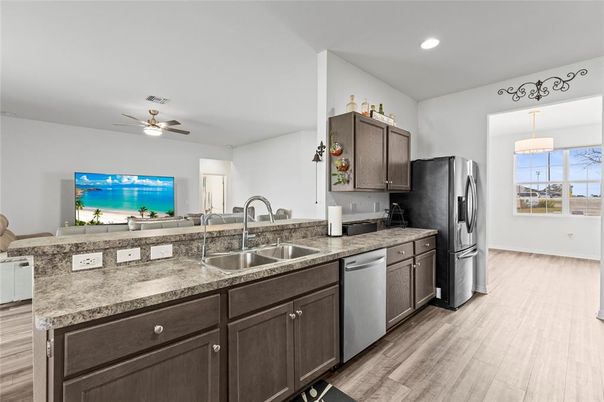 Interior, Kitchen, Pendant Lights, Recessed Lighting, Wood Texture Flooring