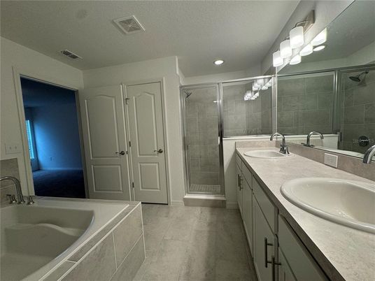 Bathroom, Dual Sink Vanities, Glass Shower, Interior, Recessed Lighting