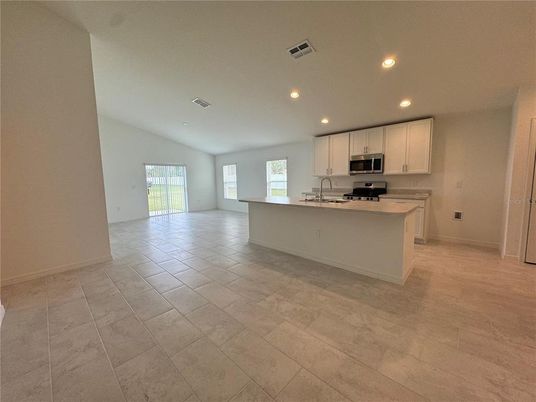 Empty room, Interior, Kitchen, Recessed Lighting, Stainless Steel Appliances
