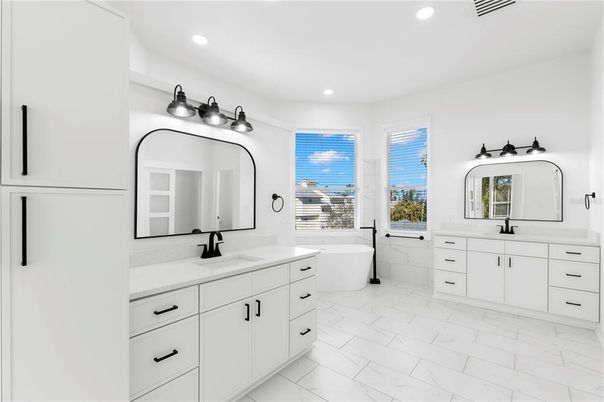 Bathroom, Dual Sink Vanities, Free Standing Baths, Interior, Marble, Recessed Lighting
