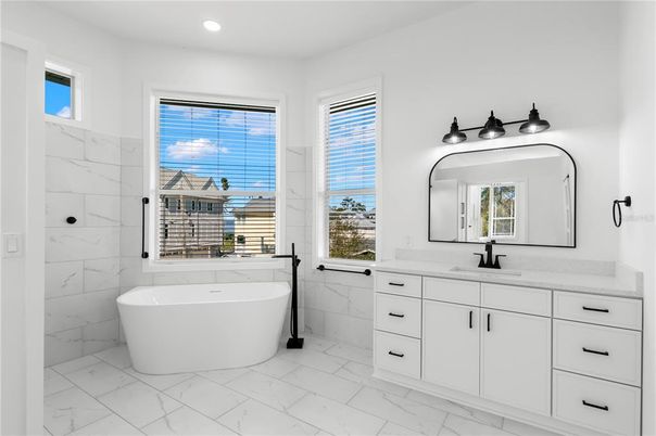Bathroom, Dual Sink Vanities, Free Standing Baths, Interior, Marble, Marble Walls, Recessed Lighting