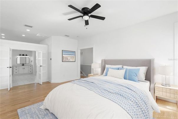 Bedroom, Interior, Recessed Lighting, Wood Texture Flooring