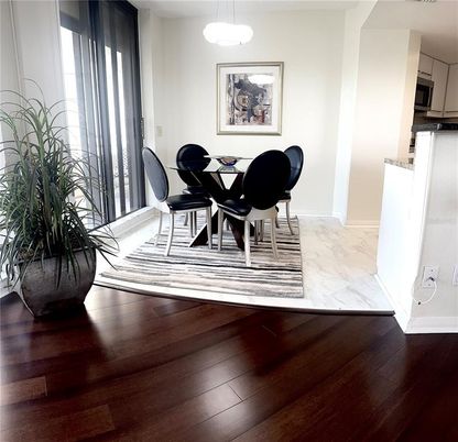 Dining room, Interior, Marble, Pendant Lights, Wood Texture Flooring