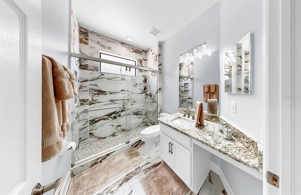 Bathroom, Glass Shower, Interior, Marble Walls, Recessed Lighting