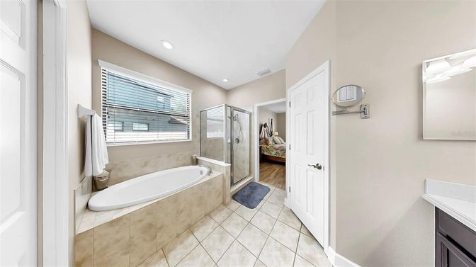 Bathroom, Glass Shower, Interior, Recessed Lighting, Wood Texture Flooring