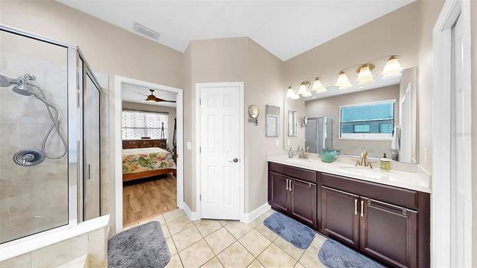 Bathroom, Bedroom, Dual Sink Vanities, Glass Shower, Interior, Wood Texture Flooring
