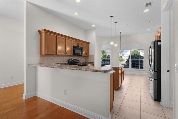 Interior, Kitchen, Pendant Lights, Recessed Lighting, Wood Texture Flooring