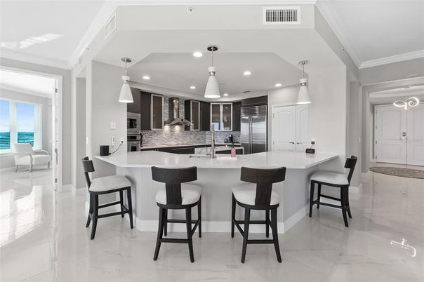Interior, Kitchen, Marble, Pendant Lights, Recessed Lighting, Stainless Steel Appliances
